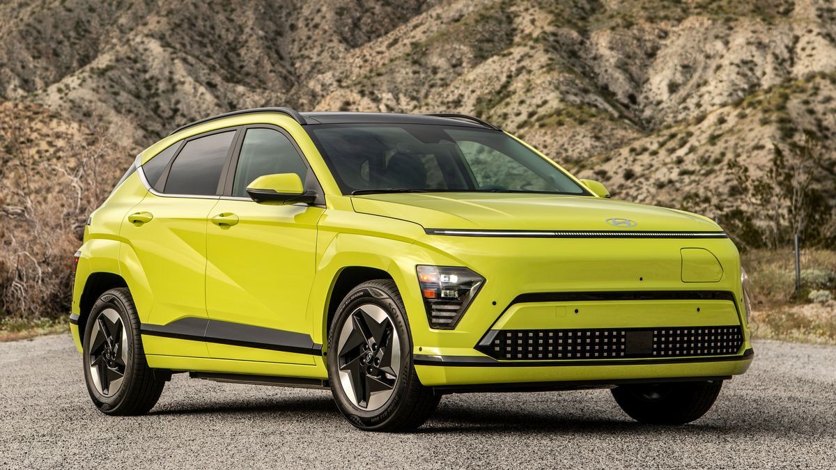 2024 Hyundai Kona Electric with hills in the background.